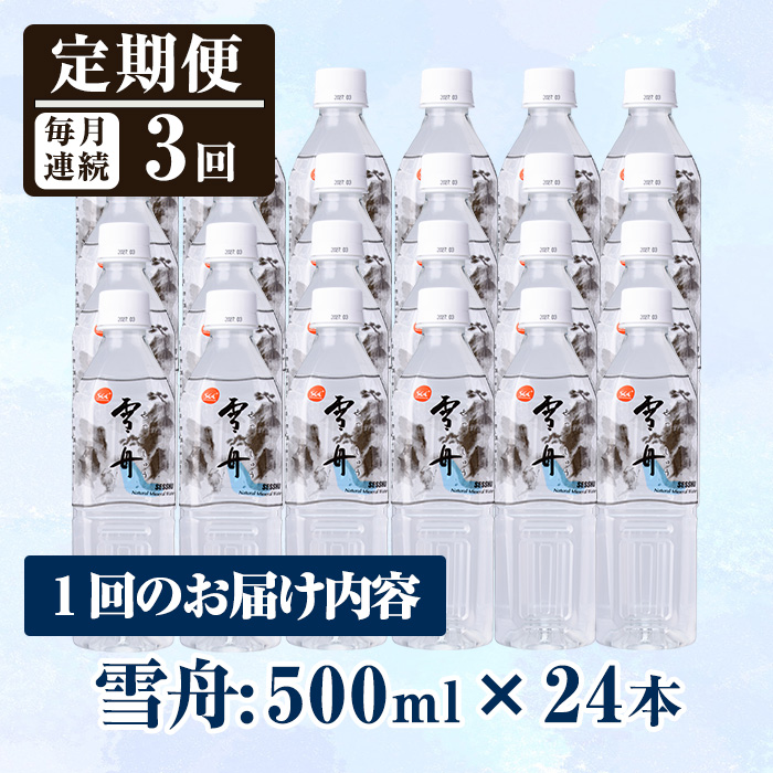 ＜定期便・全3回(毎月)＞ナチュラル ミネラル ウォーター 雪舟 (総量72本・500ml×24本×3回) 定期便 国産 鉱泉水 お水 ドリンク 大自然 天然 料理 健康 維持 防災 常温 保存 3回【HD249】【さいき本舗 城下堂】