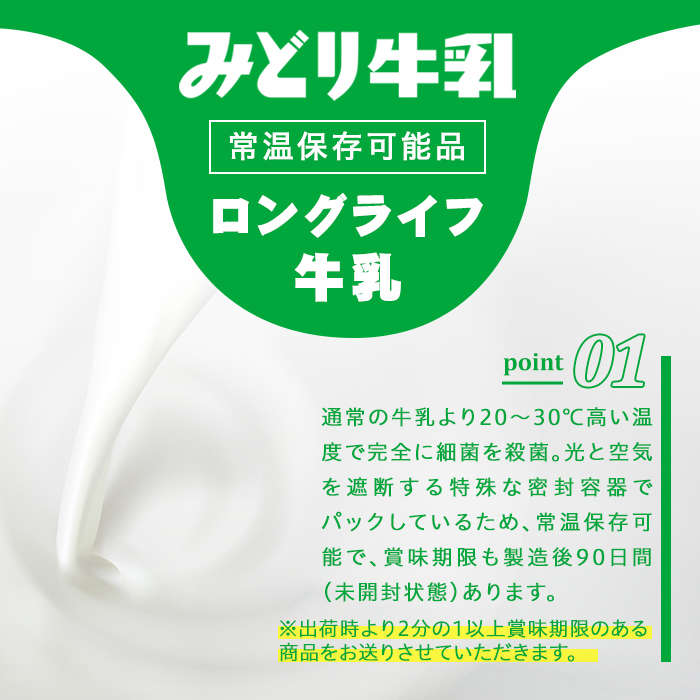 ＜期間限定＞ みどり牛乳(計12L・1000ml×12本)常温 保存 ミルク 生乳 長期保存 ロングライフ 乳製品 防災 備蓄 大分県 佐伯市【GT02】【九州乳業株式会社】