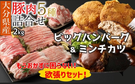 大分県産 豚詰合せ５種類（約2kg）＆ビッグハンバーグ（5個）＆ミンチカツ（10個）セット〔合計約3.9kg〕
