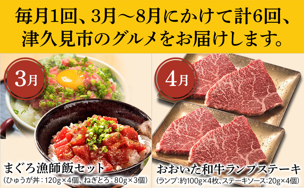 【6ヶ月定期便】つくみグルメBコース【3月から計6回】まぐろ漁師飯セット、おおいた和牛ランプ、ぎょろっけとエビマルカツセット、本まぐろ 中トロ・赤身セット、おおいた和牛赤身焼肉3種、かぼすハイボール