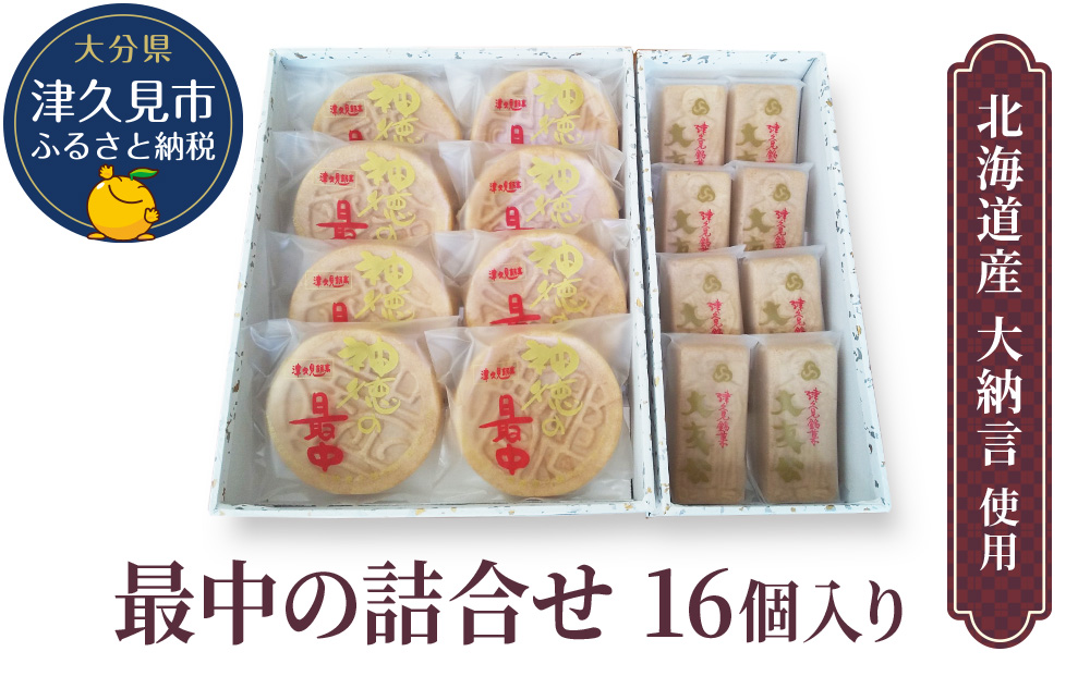 最中の詰合せ 16個入り(神徳の最中8個・大友公 8個) あんこ 最中 もなか 粒餡 粒あん こし餡 和菓子 茶菓子 栗餡 栗  詰め合わせ ギフト 大分県産 九州産 津久見市 熨斗対応【tsu000506】