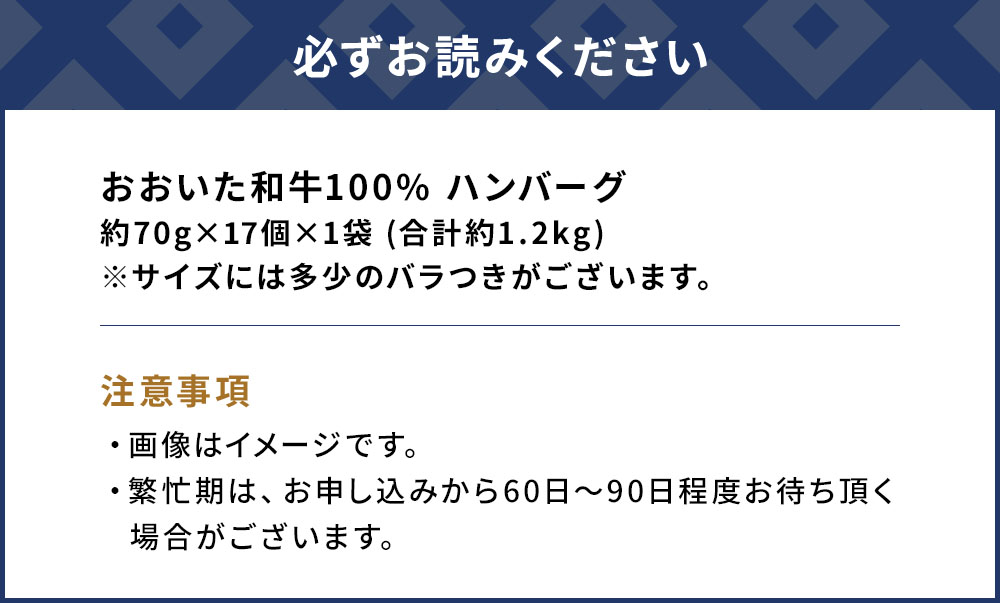 おおいた和牛100% ハンバーグ 約70g×17個 合計約1.2kg 牛肉 豊後牛 ハンバーグ おかず お弁当 小分け レンジ 時短料理 惣菜 冷凍 大分県産 九州産 津久見市 国産