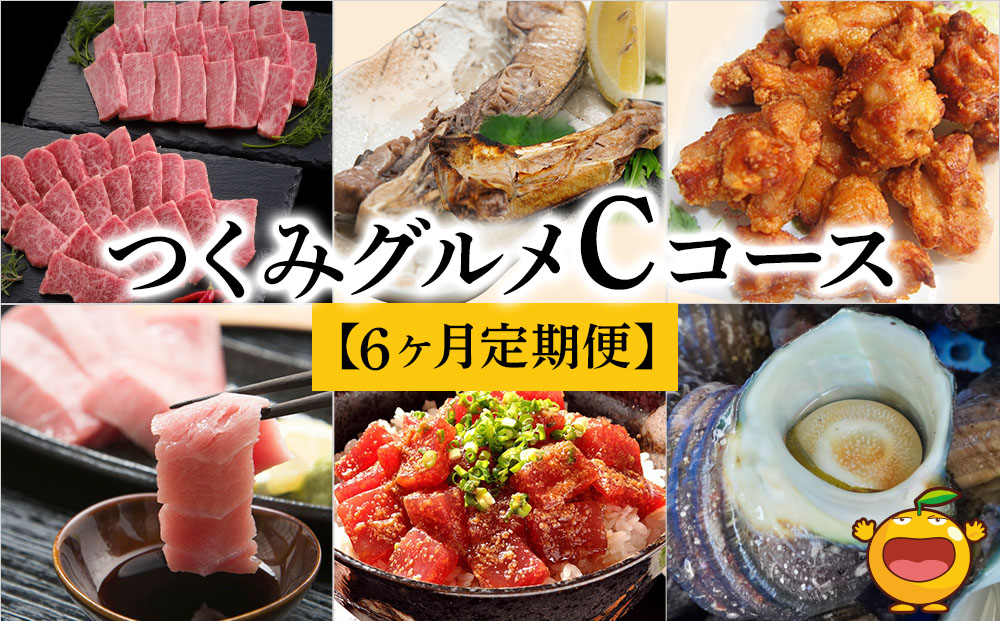 【6ヶ月定期便】つくみグルメCコース【2月から計6回】おおいた和牛焼肉セット、まぐろカマとカマのスライス、鳥いちのから揚げ、本まぐろ中トロ、ひゅうが丼、活サザエ