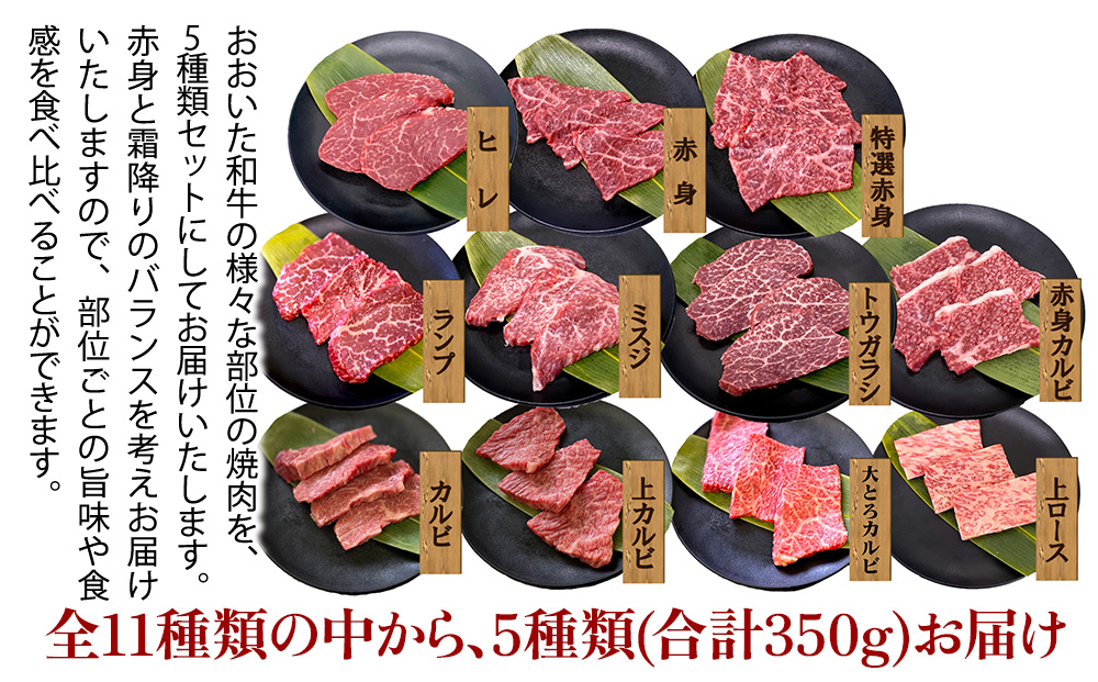 【訳あり】おおいた和牛 お試し食べ比べ 焼肉5種セット(合計350g) 牛肉 和牛 ブランド牛 赤身肉 焼き肉 焼肉 バーベキュー 大分県産 九州産 津久見市 国産 送料無料【tsu0018040】