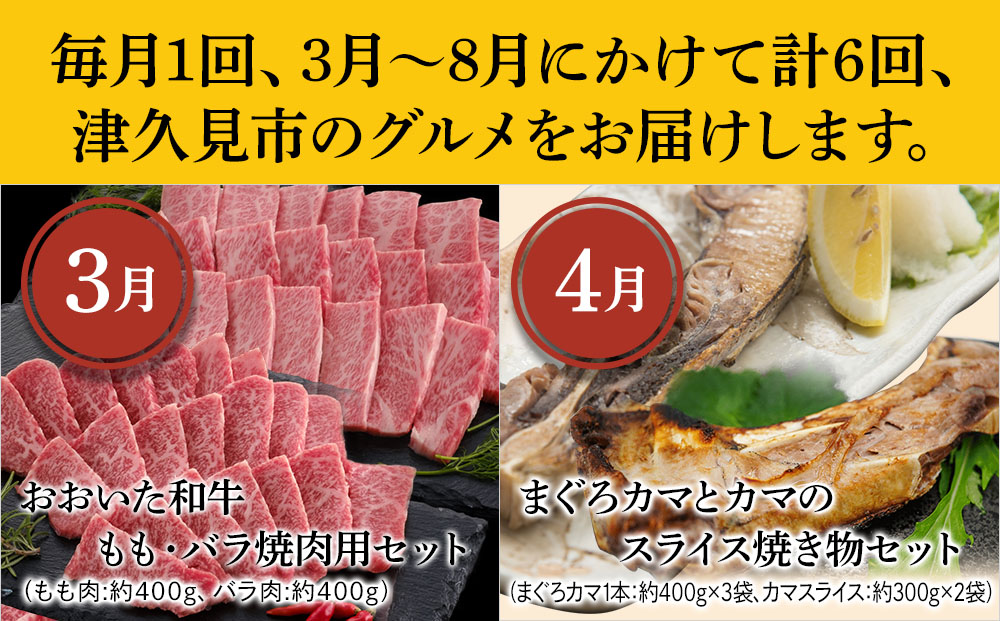 【6ヶ月定期便】つくみグルメDコース【3月から計6回】おおいた和牛焼肉セット、まぐろカマとカマのスライス、鳥いちのから揚げ、本まぐろ中トロ、ひゅうが丼、活サザエ