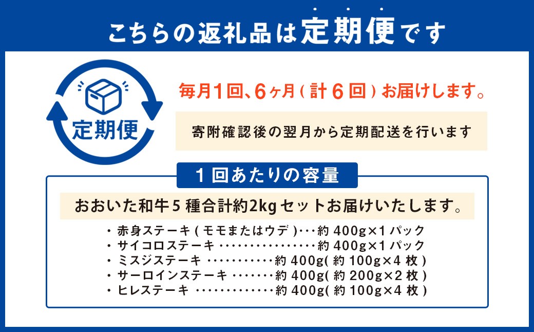 【6ヶ月定期便】 【ステーキ5種食べ比べ】 おおいた和牛（赤身・サイコロ・ミスジ・サーロイン・ヒレ） 各約400g 計約2kg