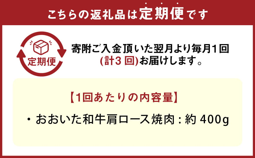 【3カ月定期便】 おおいた和牛 肩ロース 焼肉 約400g ×3回 計約1.2kg