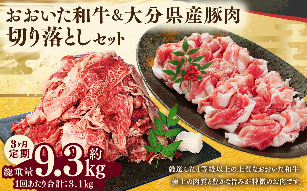 【3ヶ月定期便】 【盛々切り落とし対決！】 おおいた和牛切り落とし 約1.5kg（約500g×3）と大分県産「米の恵み」豚切り落とし 約1.6kg（約400g×4） 計約3.1kg