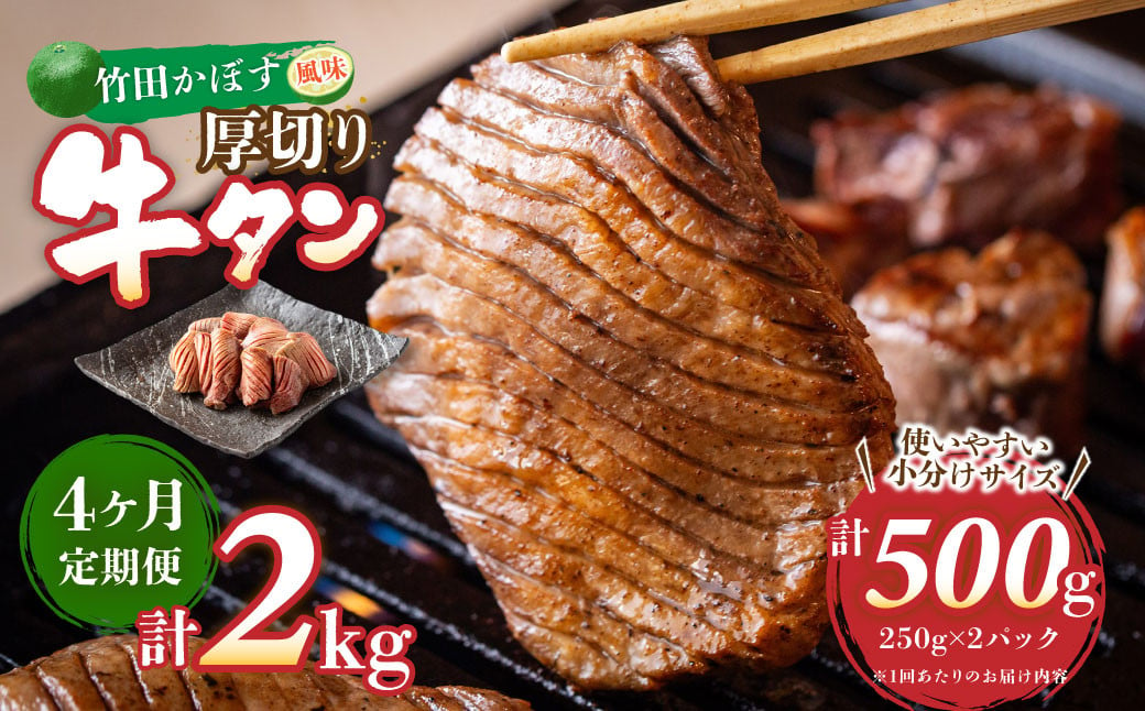 【4ヶ月定期便】竹田かぼす 厚切り牛タン 250g×2パック （約500g） 小分け 500g×4回 合計約2kg