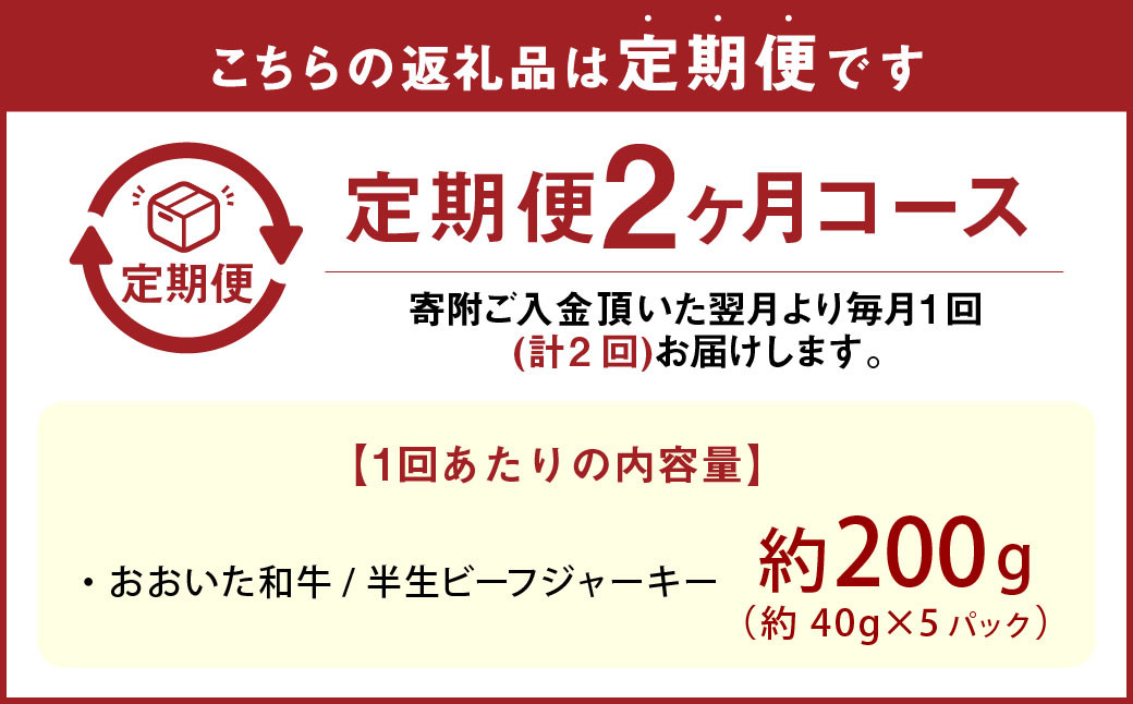 【2カ月定期便】【黒毛和牛】 おおいた和牛/半生ビーフジャーキー 約200g（約40g×5P）×2回 計約400g