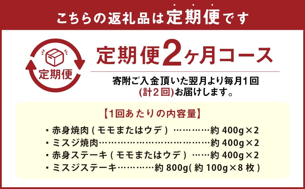 【2カ月定期便】 【焼肉？ ステーキ？ 赤身とミスジを味わう！】 おおいた和牛 赤身焼肉 ・ ミスジ焼肉 ・ 赤身ステーキ ・ ミスジステーキ 約3.2kg×2回 計約6.4kg
