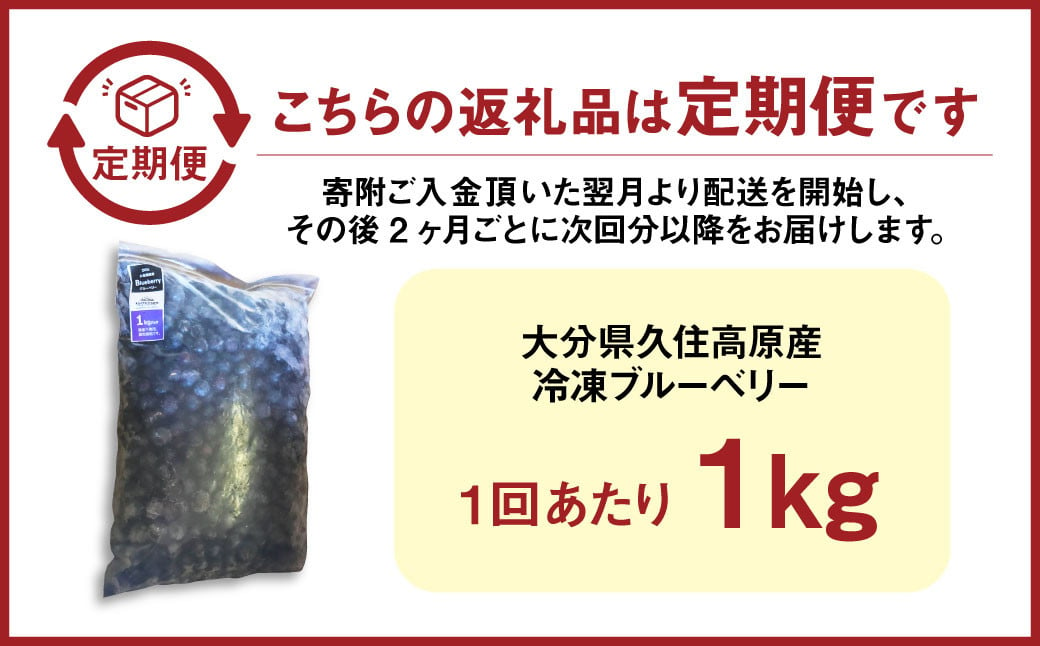 【2ヶ月毎5回定期便】大分県久住高原産 『手摘みブルーベリー』 冷凍ブルーベリー 1kg 計5kg