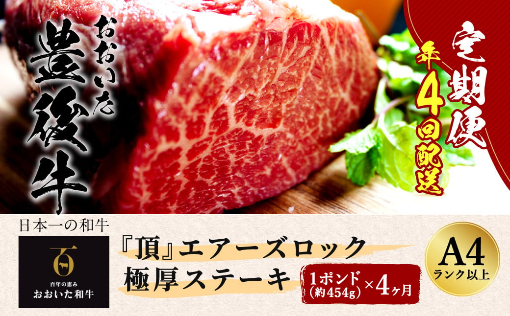 【定期便】日本一の和牛 おおいた豊後牛 ＜1ポンド エアーズロック極厚ステーキ×4ヶ月＞ 和牛 牛肉