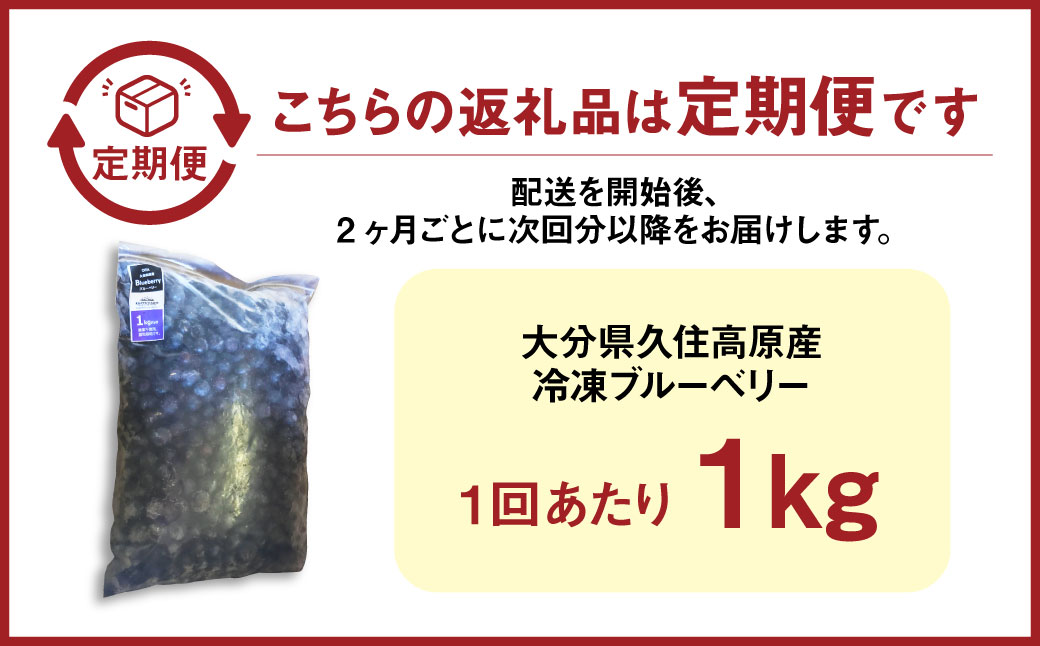 【2ヶ月毎4回 定期便】大分県久住高原産 『手摘みブルーベリー』 冷凍ブルーベリー 1kg 計4kg 【2025年7月下旬より順次発送開始予定】