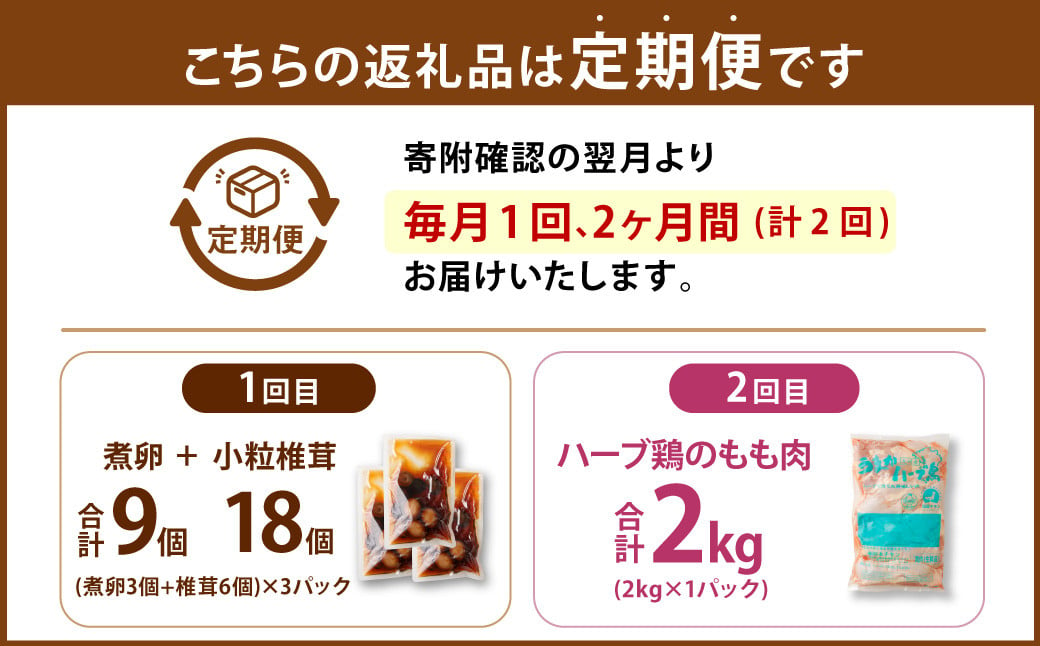 【2ヶ月定期便】鶏食べ尽くし たけたんたまごしいたけ入 3パックと【業務用】ハーブ鶏もも2kg 合計約3.5kg【数量限定】