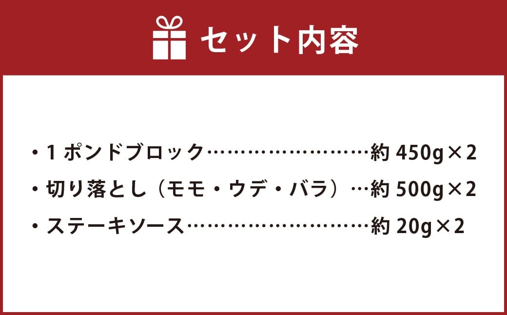 【ブロック ＆ 切り落とし】 おおいた和牛 1ポンドブロック 約900g（約450g×2） ・ 切り落とし 約1kg（約500g×2） 計約1.9kg ステーキソース付