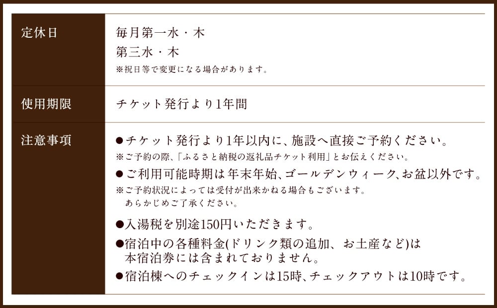 【クアパーク長湯】 コテージ宿泊 チケット 7泊8日（1泊につき2食付き） 2名様分