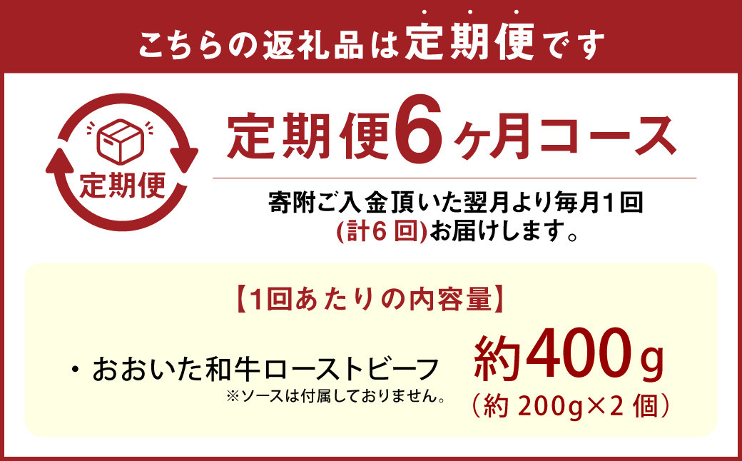 【6カ月定期便】【黒毛和牛】 おおいた和牛/ローストビーフ 約200g×2個（計約400g）×6回 計約2.4kg