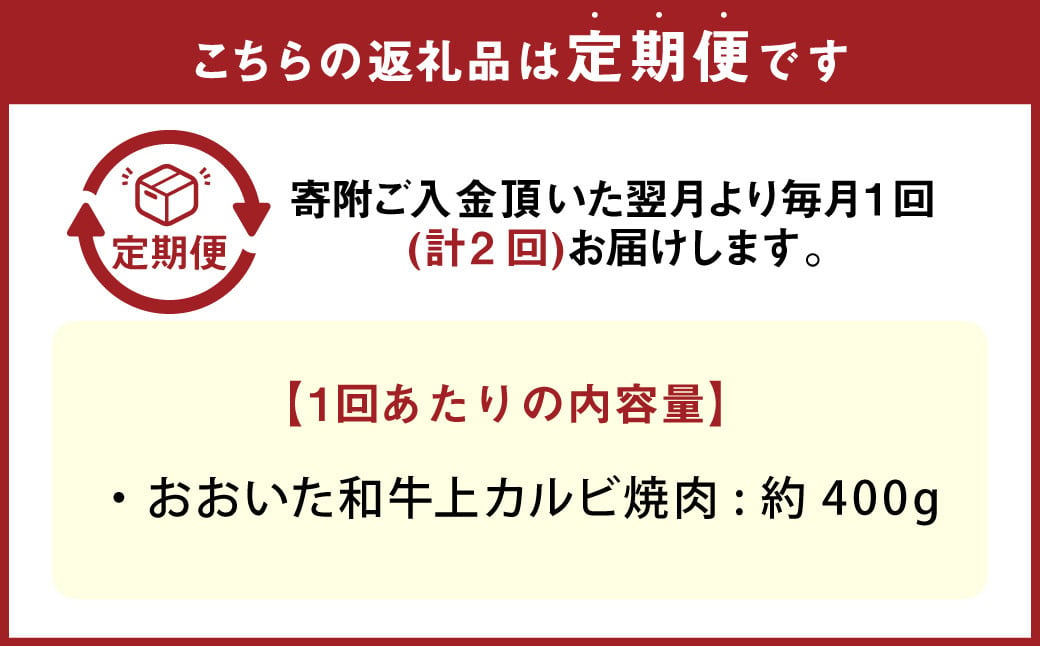 【2カ月定期便】おおいた和牛 上カルビ焼肉 約400g 400g×2回 計約800g