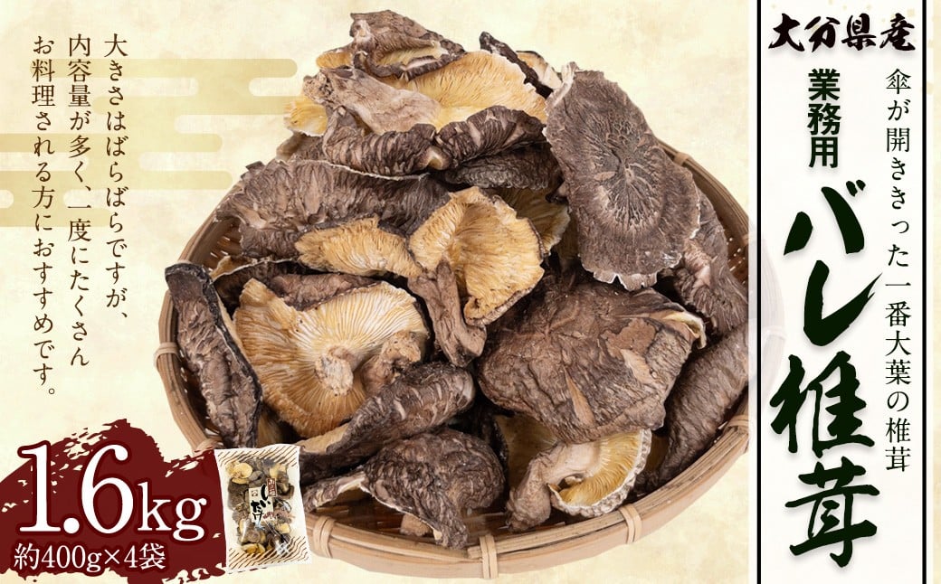 大分県産 原木栽培 乾しいたけ 業務用 バレ椎茸 お徳用 約1600g （約400g×4袋） FBR53