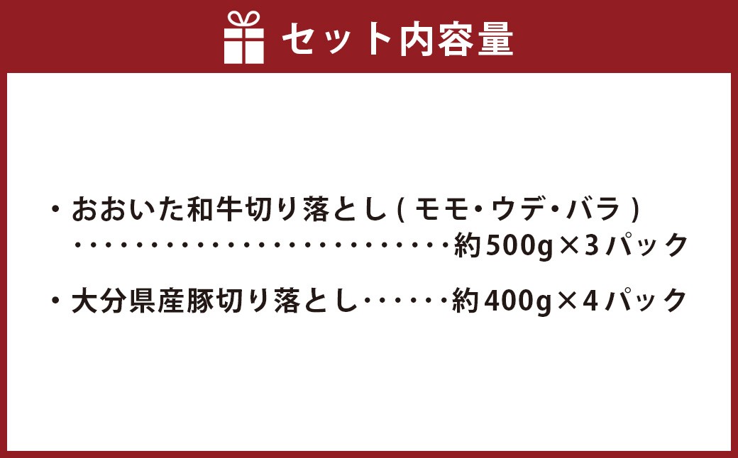 【盛々切り落とし対決！】 おおいた和牛切り落とし 約1.5kg（約500g×3）と大分県産「米の恵み」豚切り落とし 約1.6kg（約400g×4） 計約3.1kg
