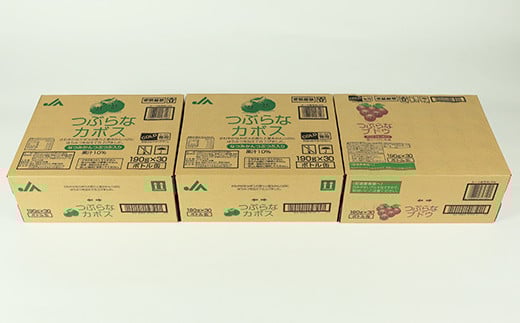 つぶらなカボス60本＋つぶらなブドウ30本（計90本・3ケース）190g ／ つぶらな つぶらなカボス つぶらなブドウ ジュース 3ケース かぼすドリンク 清涼飲料水 人気 子供 おすすめ 果汁飲料 ご当地ジュース かぼす ぶどう ぶどうジュース 飲料 90本 飲み比べ 詰めあわせ ギフト プレゼント セット 贈答 家庭用 ＜131-304＞