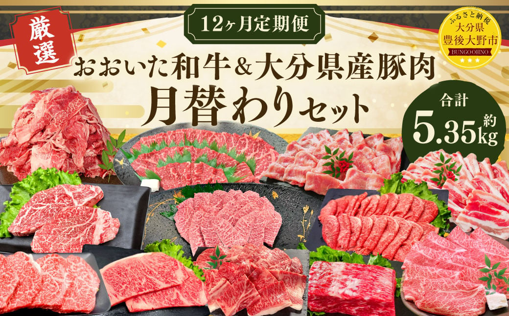 173-1284 【12ヶ月定期便】 毎月替わるおおいた和牛&大分県産豚肉セット！12ヶ月おおいた和牛月替わり 合計約5.35kg 1回あたり約400g～約600g 牛肉 豚肉 おおいた和牛 食べ比べ セット ソース付き サーロイン 赤身 ミスジ ブロック ロース 切り落とし バラ 豚バラ ステーキ ヒレ 焼肉 スライス BBQ バーベキュー お取り寄せ グルメ 大分県産