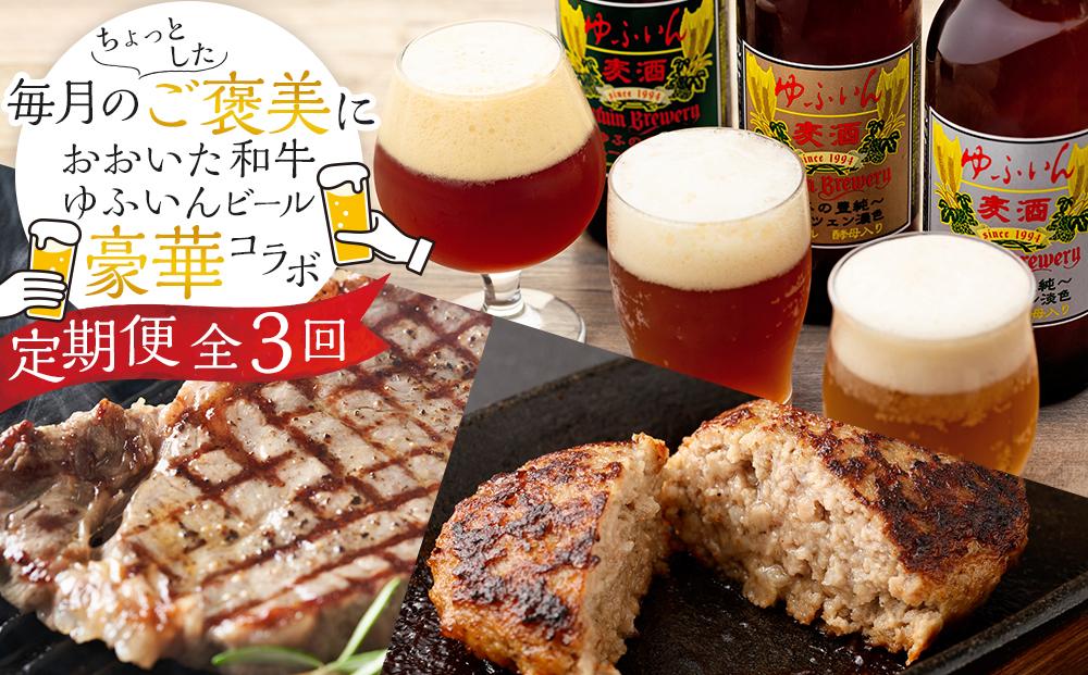 【定期便 全3回】毎月のご褒美に♪おおいた和牛・ゆふいんビール の豪華コラボ定期便（和牛ハンバーグ10個・ビール６本・サーロインステーキ３枚）