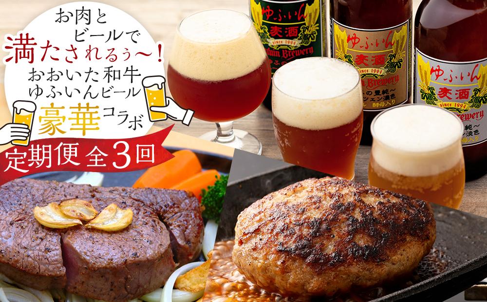 【定期便 全3回】お肉とビールで満たされるぅ～！おおいた和牛・ゆふいんビール の豪華コラボ定期便（合挽ハンバーグ10個・ビール３本・ヒレステーキ３枚）