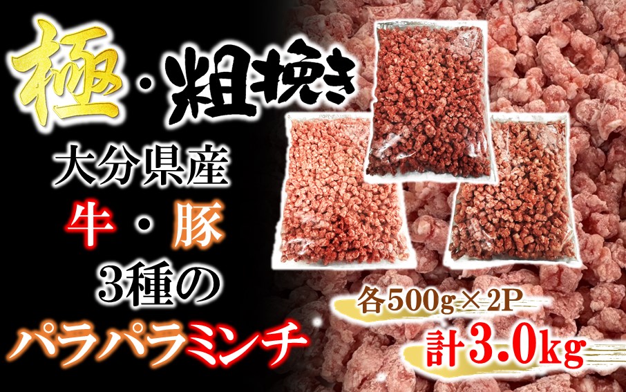 極・粗挽き! 大分県産 牛 ･ 豚 3種のパラパラミンチ 挽肉 各500g×2P ひき肉 あらびき 便利 国産 おおいた和牛 豊後牛_2589R-2