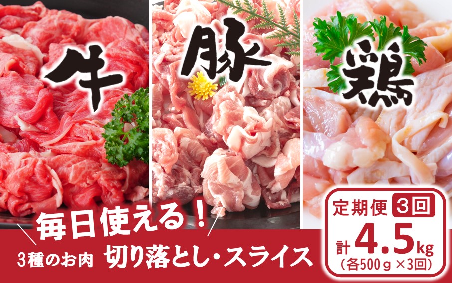 【定期便/3ヶ月連続】毎日の献立に！おおいたの牛・豚・鶏をセットでお届け（計4.5kg） 切り落とし 切落し スライス_2574R-1