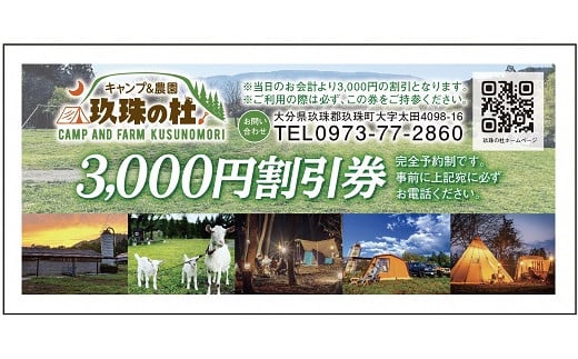 キャンプ＆農園玖珠の杜で使える3,000円チケット キャンプ チケット 利用券 旅行 アウトドア バーベキュー BBQ 温泉 野菜 宿泊 畑 収穫 農業体験 星空 大自然 牧場 薪 テント 玖珠の杜 九州 大分 温泉施設
