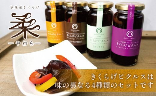 きくらげピクルス（4種）と乾燥きくらげのセット きくらげ ピクルス 乾燥きくらげ 国産 大分県 玖珠町 栽培 安全 安心 柔らか 肉厚 食感 ぬるま湯 戻し 炒め物 スタンダード 甘め 女性 人気 あっさり 唐辛子 しょうが 風味 食感 しいたけ 醤油 香り おかず おつまみ