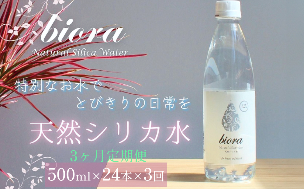 biora天然シリカ水 500ml×24本×3回 天然水 シリカ水 軟水 ミネラル 美容 健康 玖珠町 大分県 九州 自然 防災 備蓄 安全 人工添加物なし 72mg/リットル 含有 3ヶ月 美しい水 継続 吸収 効率 健康志向