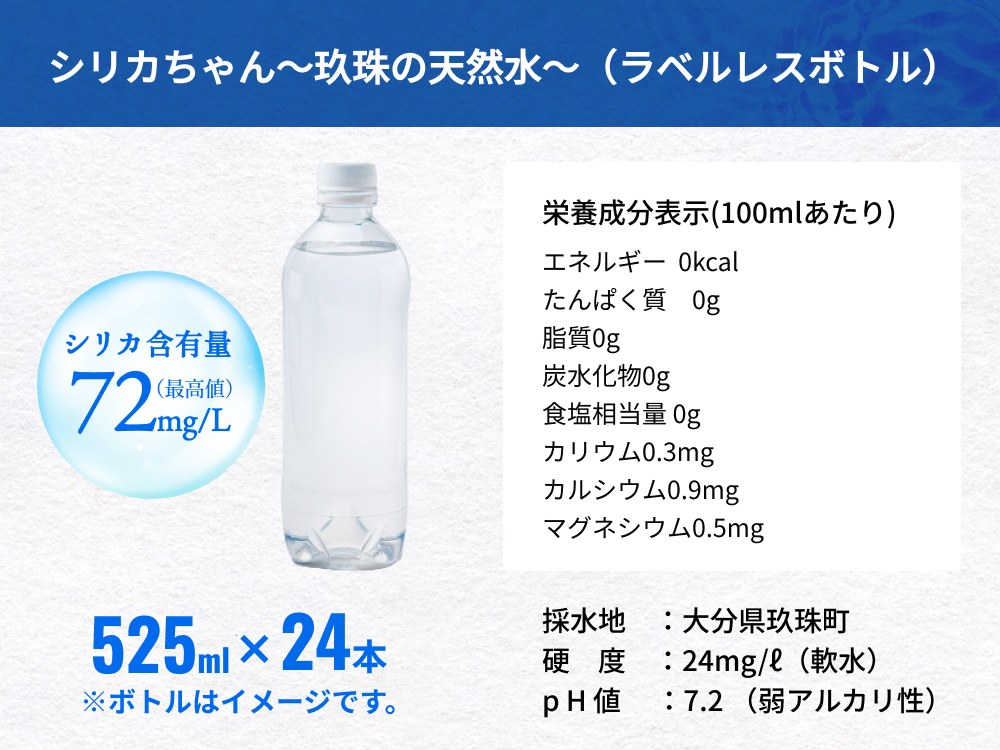 【数量限定】天然水 シリカ 525ml × 24本 ＜シリカちゃん〜玖珠の天然水〜＞  水 水 500ml 500ml 天然水 天然水 ラベルレス 天然シリカ 水 天然シリカ水 ミネラルウォーター 国産 保存可能 水 防災 備蓄 シリカ水 シリカ水 SDGs