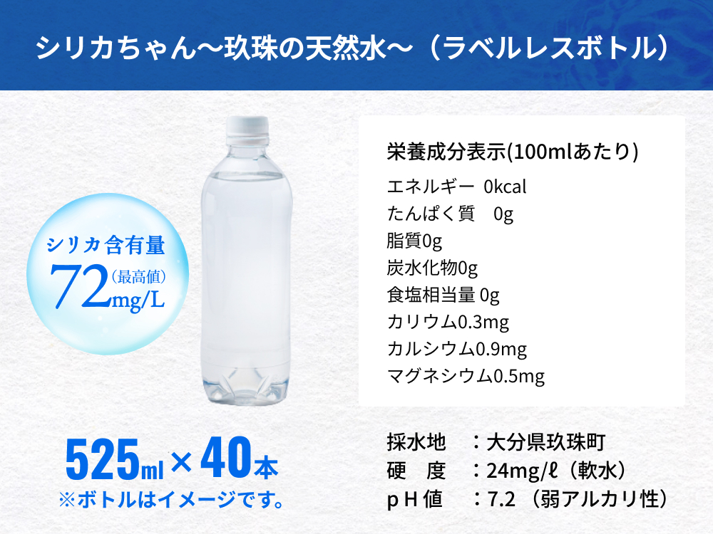 【数量限定】天然水 シリカ 525ml × 40本 ＜シリカちゃん〜玖珠の天然水〜＞   水 水 500ml 500ml 天然水 天然水  ラベルレス 天然シリカ水 水 ミネラルウォーター 国産 保存可能 水 防災 備蓄 シリカ水 シリカ水 SDGs