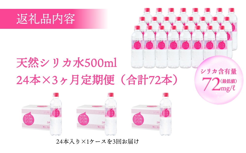 【定期便】 シリカシリカ (500ml × 24本) 3ヶ月 定期便 水 天然水 シリカ水 無添加  九州産 ナチュラル ミネラルウォーター シリカ含有量72mg/L以上 大分九重連山 大分県 大分