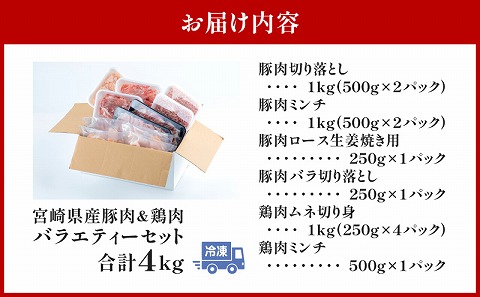 宮崎県産豚肉＆宮崎県産鶏肉バラエティーセット 合計4kg 国産 豚肉 鶏肉 4kg セット 詰め合わせ 食べ比べ 切り落とし 切り落し ミンチ 豚ミンチ 鶏ミンチ ロース 豚ロース 豚バラ ムネ肉 鶏むね むね 鶏むね肉 豚 鶏 肉 切り身 カット済み カット 小分け パック 冷凍 生姜焼き ハンバーグ 唐揚げ グルメ お取り寄せ_M144-007