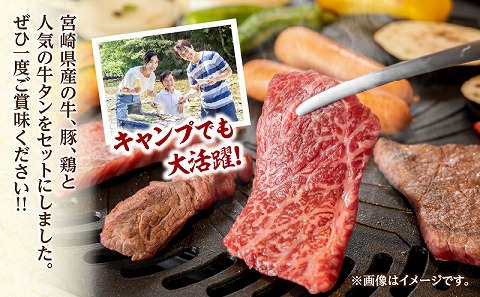 宮崎県産牛豚鶏＆牛タン 焼肉セット 合計1.4kg|牛肉 豚肉 鶏肉 肉 精肉 お肉 タン バラ ロース モモ セット 詰め合わせ 食べ比べ 味比べ 宮崎県産 国産 宮崎牛 国産牛 国産豚 国産鶏 小分け パック 冷凍 焼肉 BBQ おすすめ 人気|_M144-018