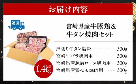 宮崎県産牛豚鶏＆牛タン 焼肉セット 合計1.4kg|牛肉 豚肉 鶏肉 肉 精肉 お肉 タン バラ ロース モモ セット 詰め合わせ 食べ比べ 味比べ 宮崎県産 国産 宮崎牛 国産牛 国産豚 国産鶏 小分け パック 冷凍 焼肉 BBQ おすすめ 人気|_M144-018