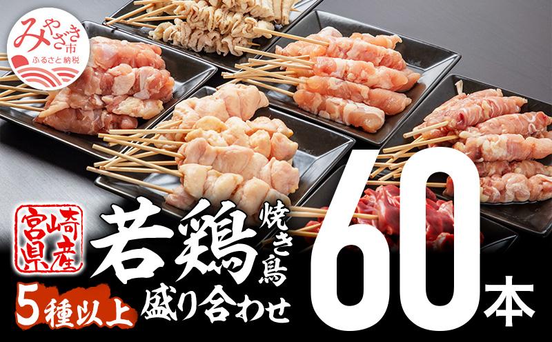 宮崎県産若鶏の焼き鳥セット5種以上（60本）盛り合わせ（冷凍）_M146-001