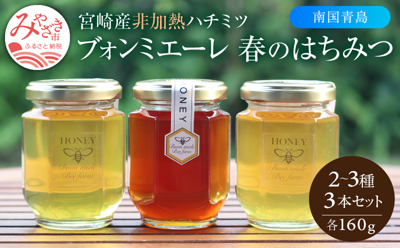 【最速便】【数量・期間限定】宮崎産非加熱ハチミツ(南国青島シリーズ)2～3種 ブォンミエーレ春のハチミツ160g×3本セット_M085-002_01