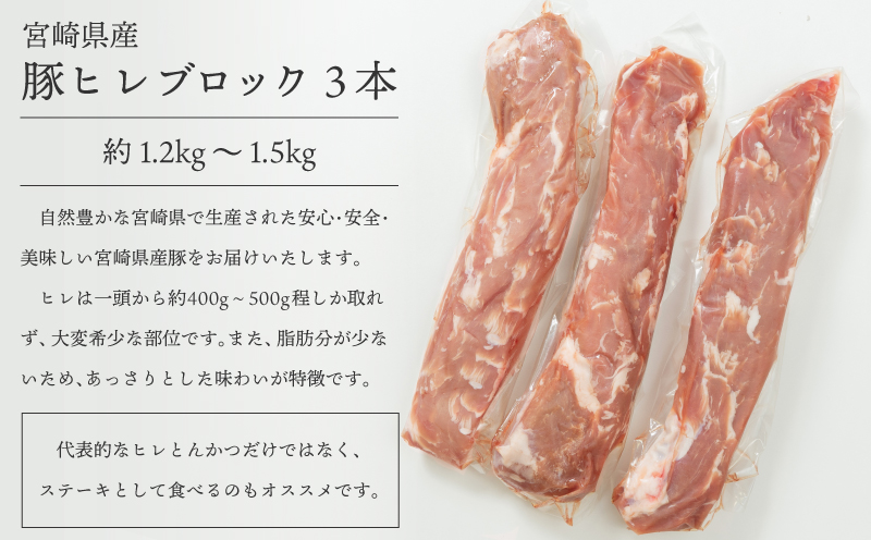 宮崎県産 豚ヒレ ブロック 3本 約1.2kg～1.5kg_M109-025