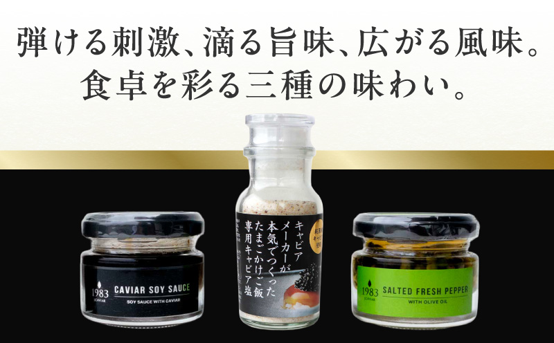 ジャパンキャビア特製 キャビアの匠が贈る魔法の調味料3種セット 生胡椒オリーブオイル漬け キャビア醤油 キャビア塩 粒生胡椒 生胡椒 エクストラバージンオイル 熟成醤油 宮崎キャビア1983 熟成キャビア醤油 だし塩 たまごかけごはん 刺身 冷奴 パスタ_M017-056