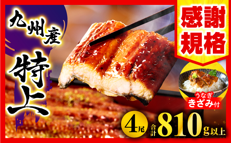 九州産うなぎ蒲焼4尾(さんしょう、たれ付き)うなぎ蒲焼きざみ1袋付き 計810g 鰻蒲焼 うなぎ蒲焼 うなぎ 蒲焼 国産 ギフト 化粧箱 化粧箱入り 小分け パック 冷凍_M040-011-B