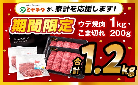 【期間限定】宮崎牛ウデ焼肉500g×2 宮崎県産黒毛和牛小間切れ100g×2 合計1.2kg_M132-022-01-UP