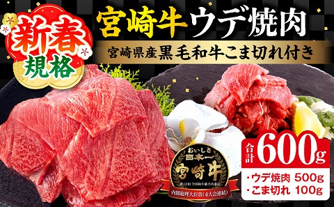 【期間限定】宮崎牛ウデ焼肉500g 宮崎県産黒毛和牛小間切れ100g 合計600g_M132-022-UP