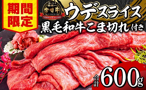 【期間限定】宮崎牛ウデスライス500g 宮崎県産黒毛和牛小間切れ100g 合計600g_M132-023-01-UP