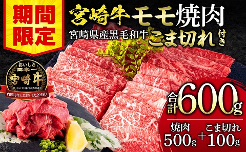 【期間限定】宮崎牛モモ焼肉500g 宮崎県産黒毛和牛こま切れ100g 合計600g_M132-024-UP