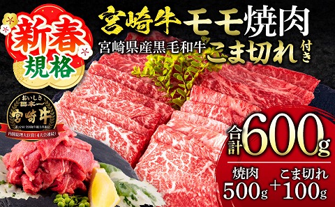 【期間限定】宮崎牛モモ焼肉500g 宮崎県産黒毛和牛こま切れ100g 合計600g_M132-024-UP